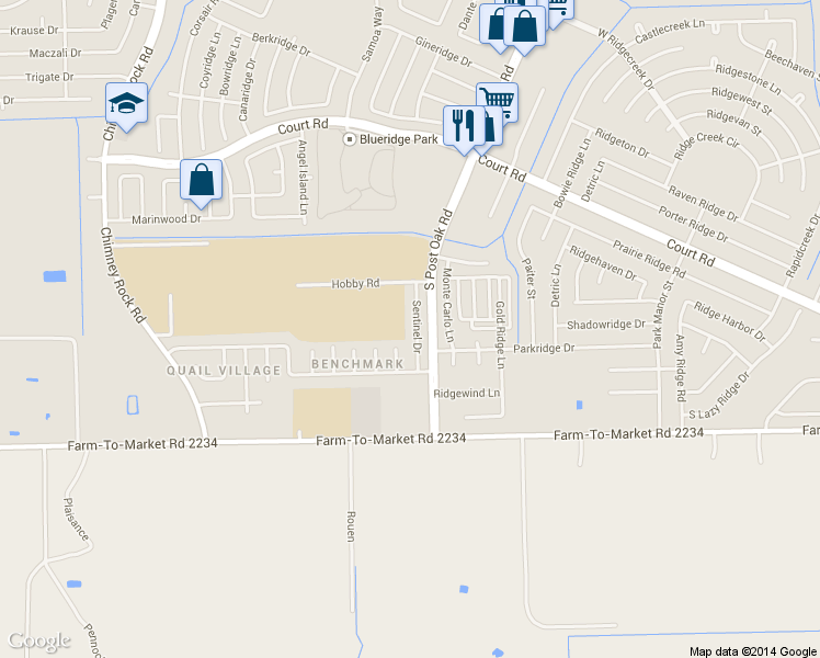 map of restaurants, bars, coffee shops, grocery stores, and more near 16618 Sentinel Drive in Houston