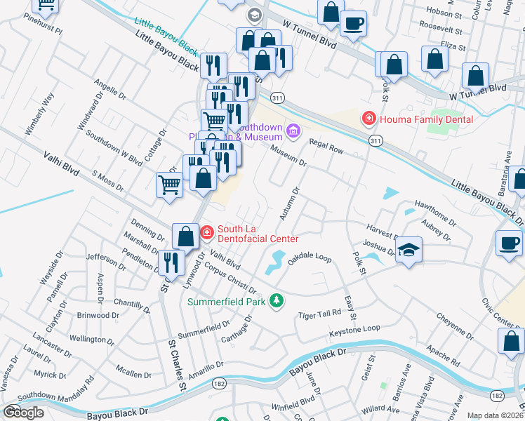 map of restaurants, bars, coffee shops, grocery stores, and more near Rue Saint Mary in Houma