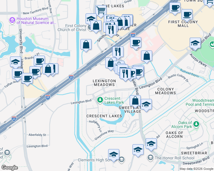 map of restaurants, bars, coffee shops, grocery stores, and more near 17203 Lantana Drive in Sugar Land