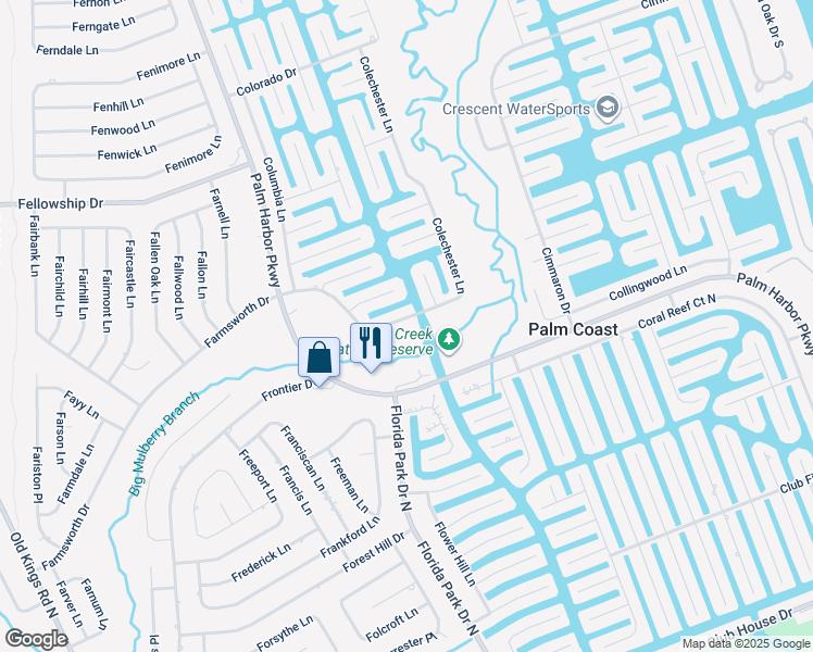 map of restaurants, bars, coffee shops, grocery stores, and more near 36 Colechester Lane in Palm Coast
