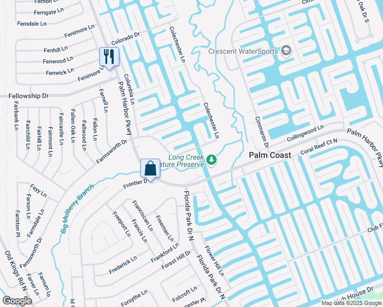 map of restaurants, bars, coffee shops, grocery stores, and more near 36 Colechester Lane in Palm Coast