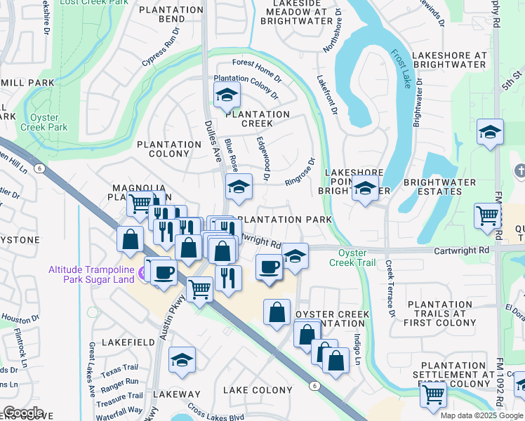 map of restaurants, bars, coffee shops, grocery stores, and more near 4607 Connies Ct Ln in Missouri City