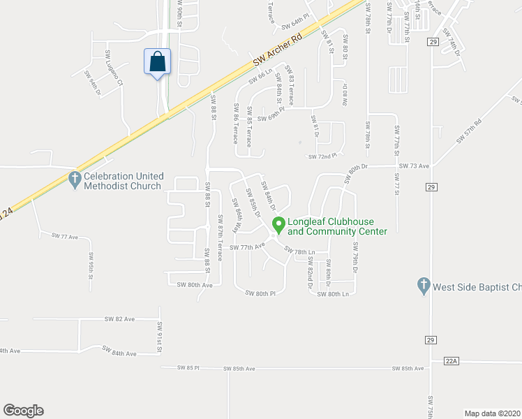 map of restaurants, bars, coffee shops, grocery stores, and more near 7533 Southwest 85th Drive in Gainesville