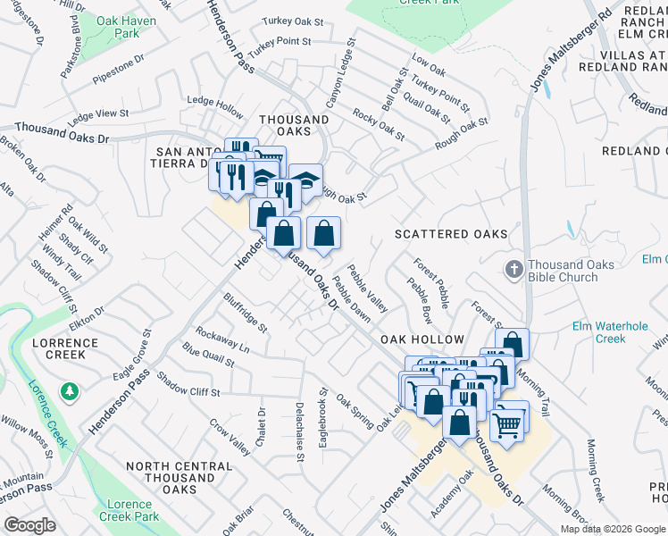 map of restaurants, bars, coffee shops, grocery stores, and more near 15221 Pebble Falls in San Antonio