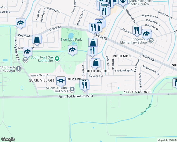 map of restaurants, bars, coffee shops, grocery stores, and more near 16525 Monte Carlo Lane in Houston