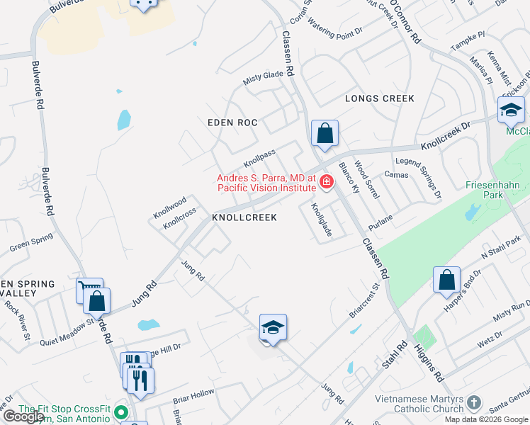 map of restaurants, bars, coffee shops, grocery stores, and more near 4206 Knollbluff in San Antonio