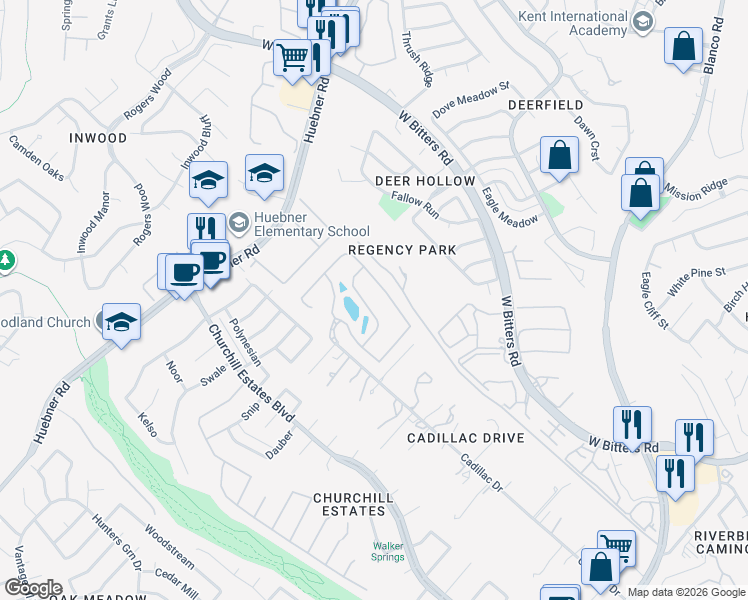 map of restaurants, bars, coffee shops, grocery stores, and more near 30 Waters Edge Way in San Antonio