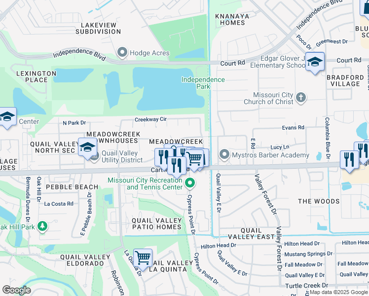 map of restaurants, bars, coffee shops, grocery stores, and more near 2407 Kenworthy Drive in Missouri City
