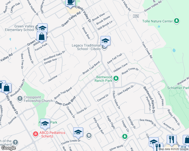 map of restaurants, bars, coffee shops, grocery stores, and more near 112 Storm Mountain in Cibolo