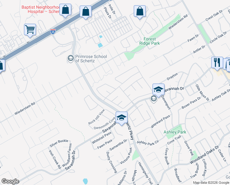map of restaurants, bars, coffee shops, grocery stores, and more near 3525 Meridian in Schertz