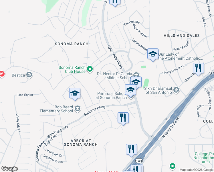 map of restaurants, bars, coffee shops, grocery stores, and more near 8502 Meaghan Mist in Helotes
