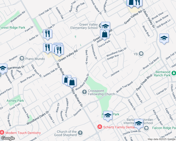 map of restaurants, bars, coffee shops, grocery stores, and more near 2912 Bent Tree Drive in Schertz