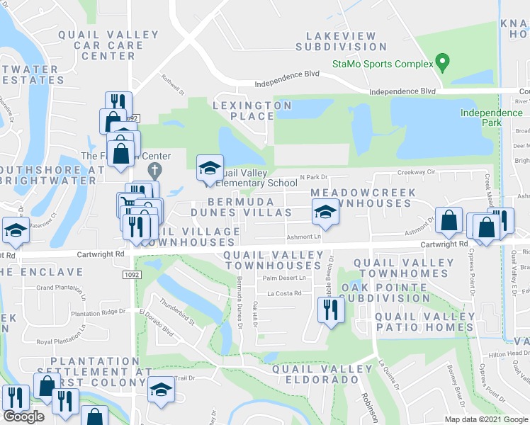 map of restaurants, bars, coffee shops, grocery stores, and more near 3319 Springhill Drive in Missouri City