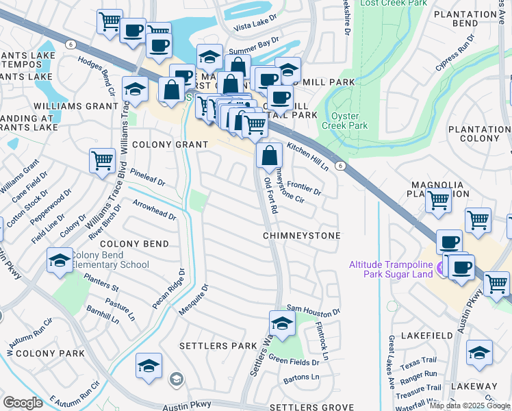 map of restaurants, bars, coffee shops, grocery stores, and more near 3118 Jenny Drive in Sugar Land