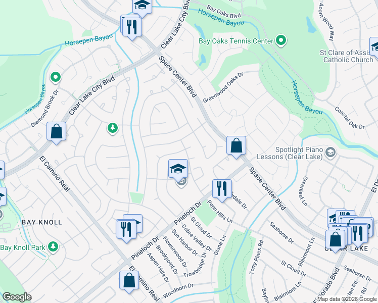 map of restaurants, bars, coffee shops, grocery stores, and more near 14526 Cobre Valley Drive in Houston