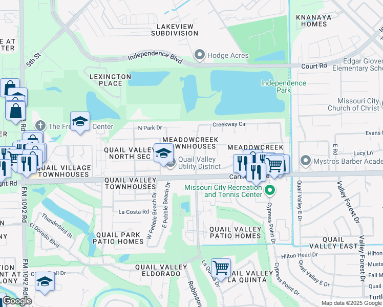 map of restaurants, bars, coffee shops, grocery stores, and more near 3004 Beecave Drive in Missouri City