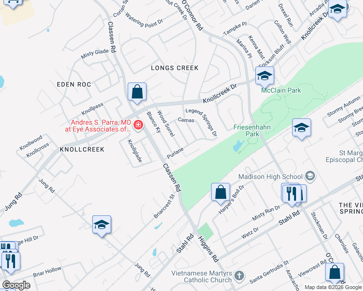 map of restaurants, bars, coffee shops, grocery stores, and more near 15403 Wood Sorrel in San Antonio