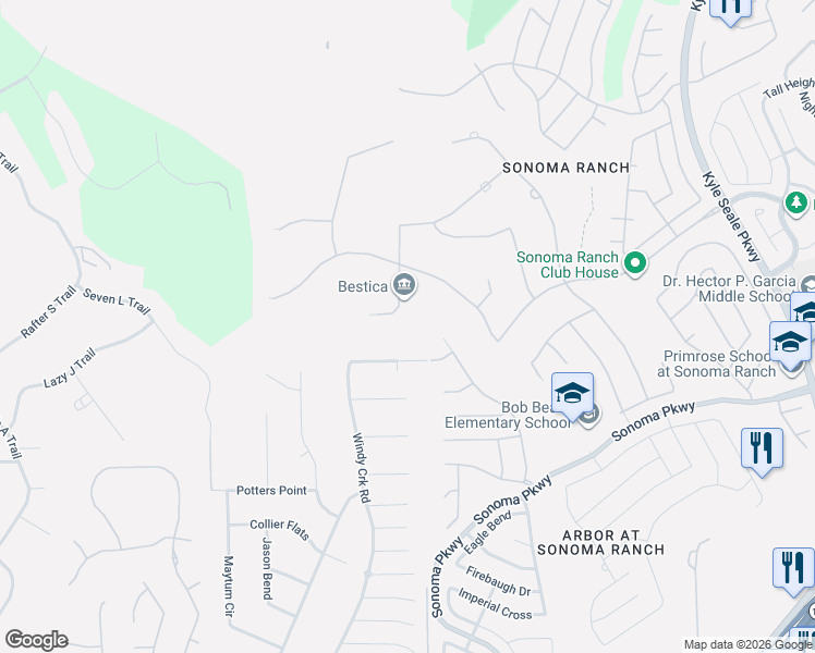 map of restaurants, bars, coffee shops, grocery stores, and more near 430 Pueblo Pintado in Helotes