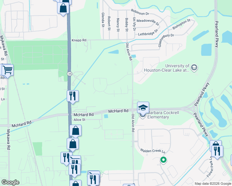 map of restaurants, bars, coffee shops, grocery stores, and more near 1415 Emerald Falls Lane in Pearland