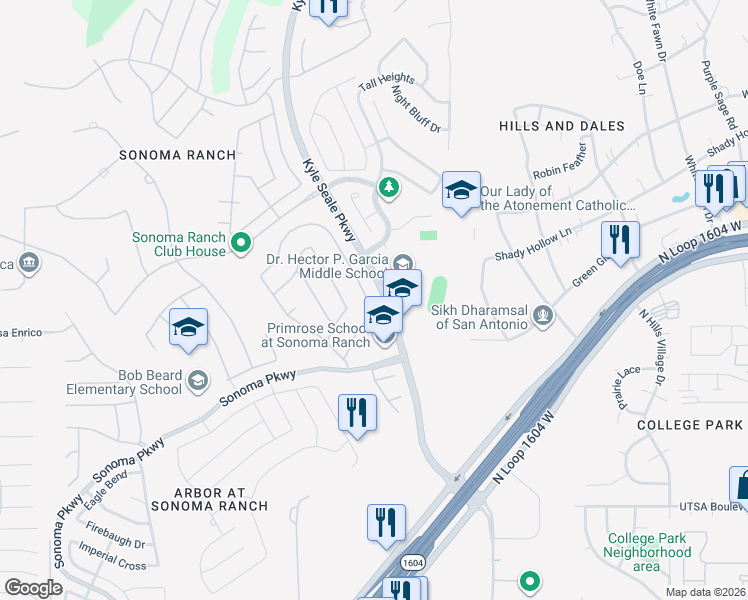 map of restaurants, bars, coffee shops, grocery stores, and more near 8406 Magdalena Run in Helotes