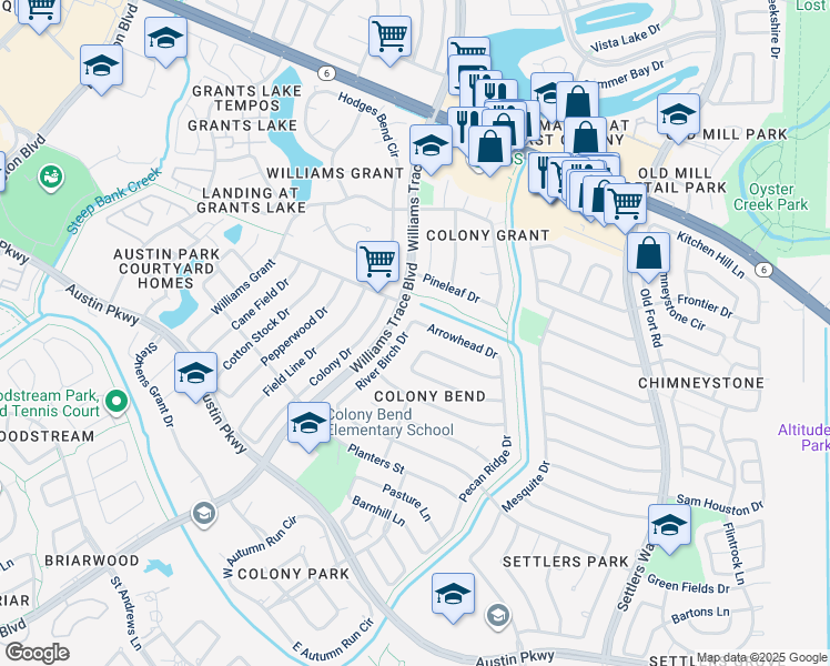 map of restaurants, bars, coffee shops, grocery stores, and more near 2715 River Birch Drive in Sugar Land
