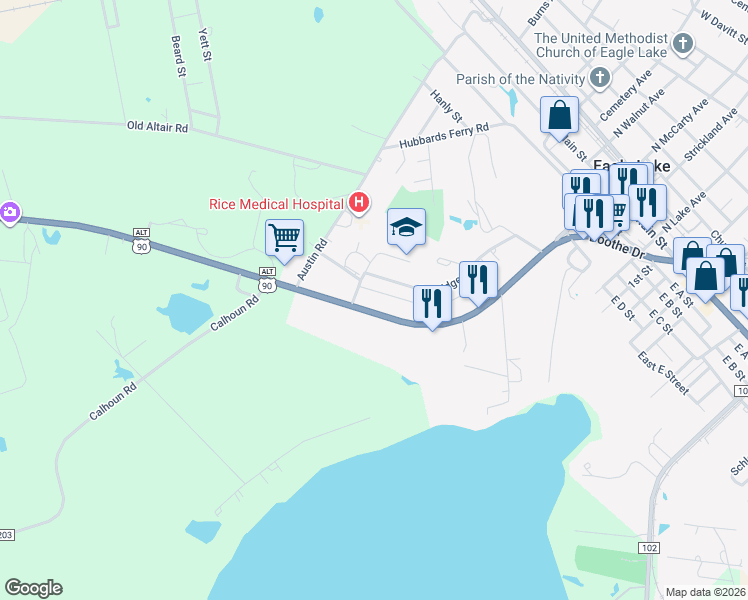 map of restaurants, bars, coffee shops, grocery stores, and more near 731 South McCarty Avenue in Eagle Lake