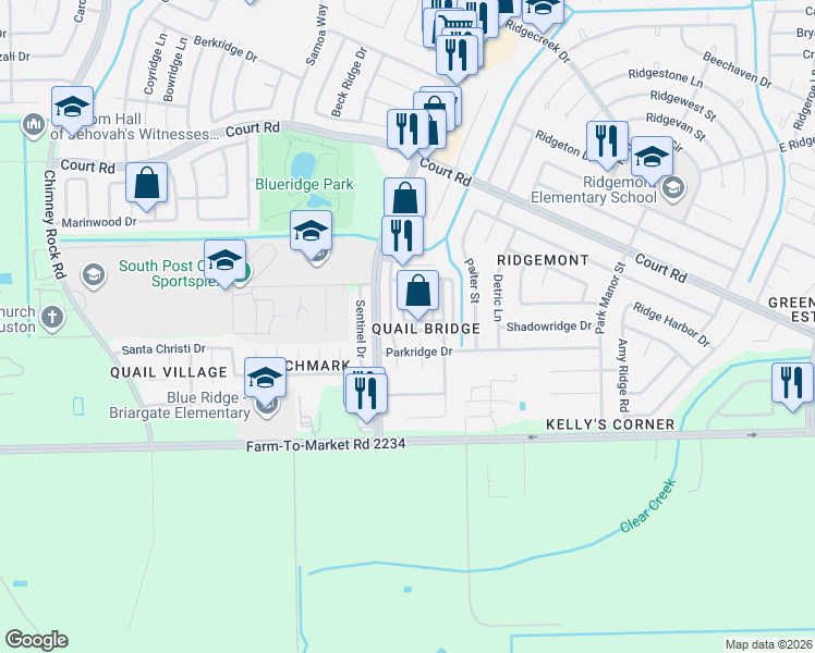 map of restaurants, bars, coffee shops, grocery stores, and more near 16525 Monte Carlo Lane in Houston