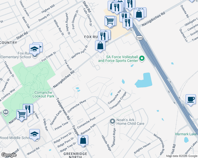 map of restaurants, bars, coffee shops, grocery stores, and more near 16002 Nacogdoches Road in San Antonio