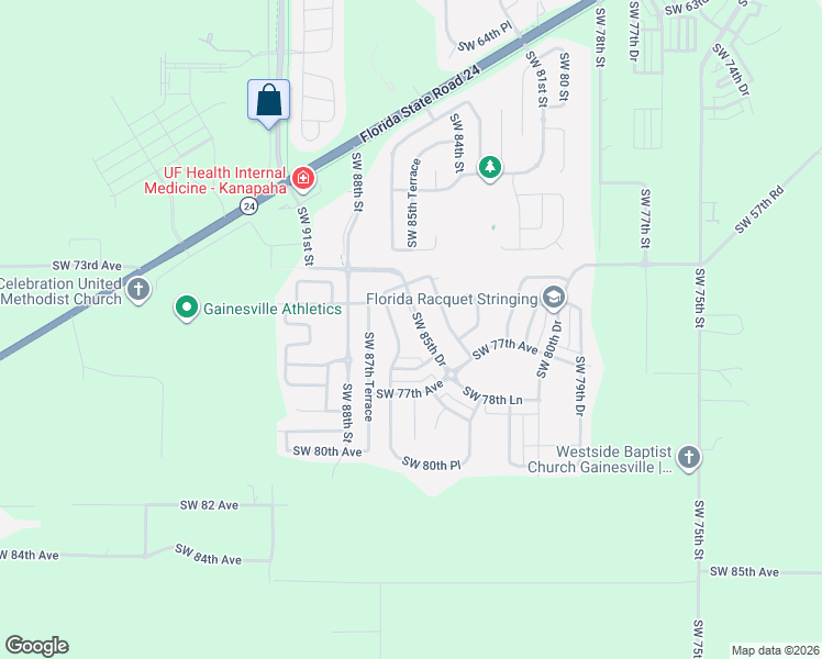 map of restaurants, bars, coffee shops, grocery stores, and more near 7518 Southwest 85th Drive in Gainesville