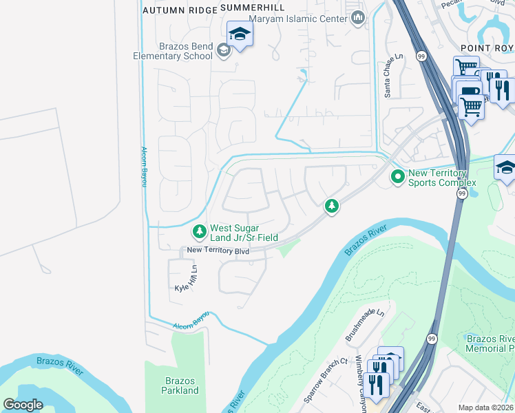 map of restaurants, bars, coffee shops, grocery stores, and more near 4815 Schiller Park Lane in Sugar Land