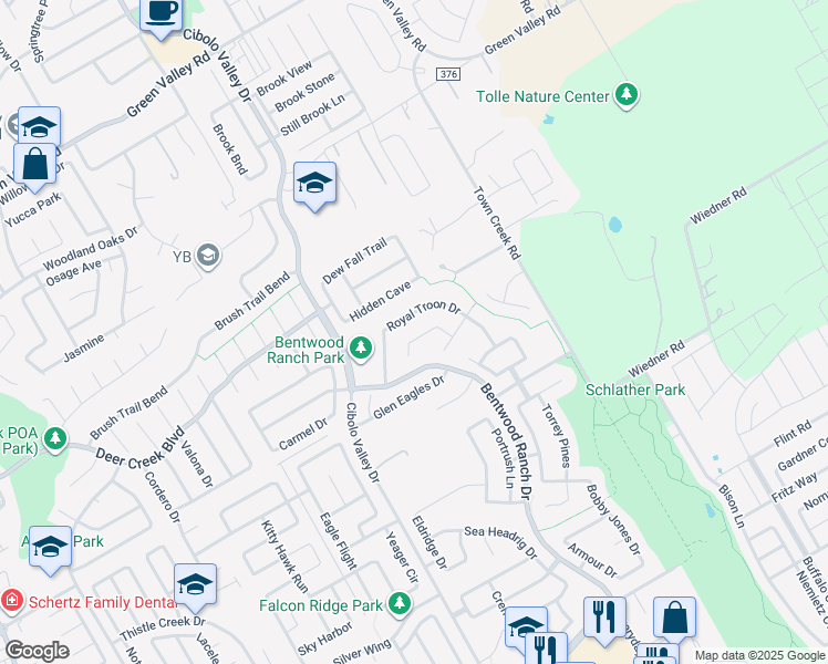 map of restaurants, bars, coffee shops, grocery stores, and more near 234 Maidstone Cove in Cibolo