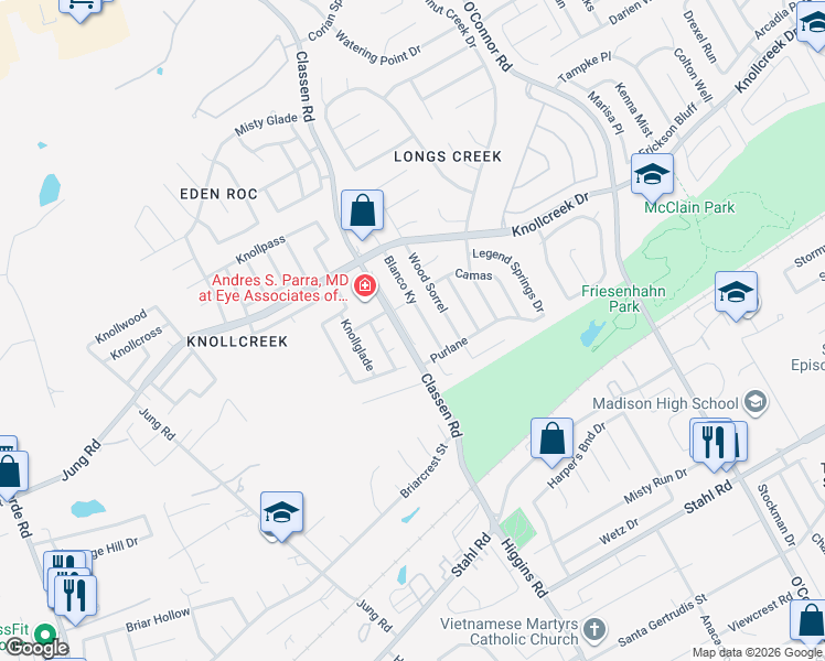 map of restaurants, bars, coffee shops, grocery stores, and more near 16418 Alwick Lane in San Antonio