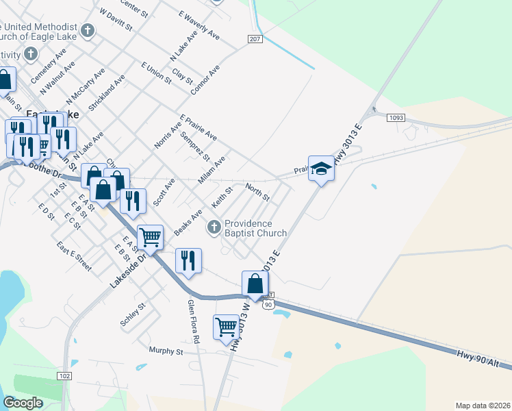 map of restaurants, bars, coffee shops, grocery stores, and more near 603 Shirley Street in Eagle Lake