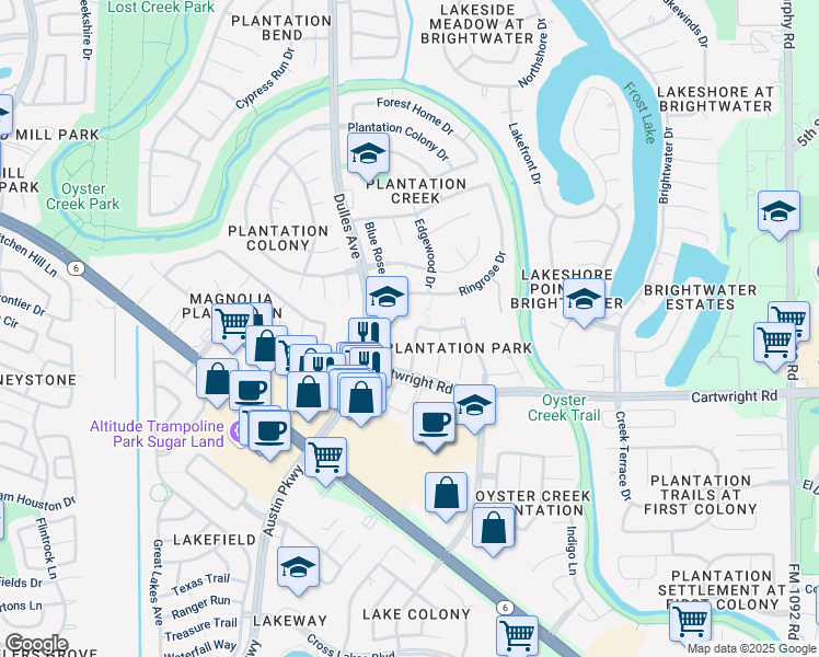 map of restaurants, bars, coffee shops, grocery stores, and more near 4607 Connies Court Lane in Missouri City