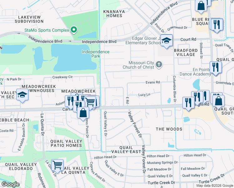 map of restaurants, bars, coffee shops, grocery stores, and more near 2319 Canyon Meadows Drive in Missouri City