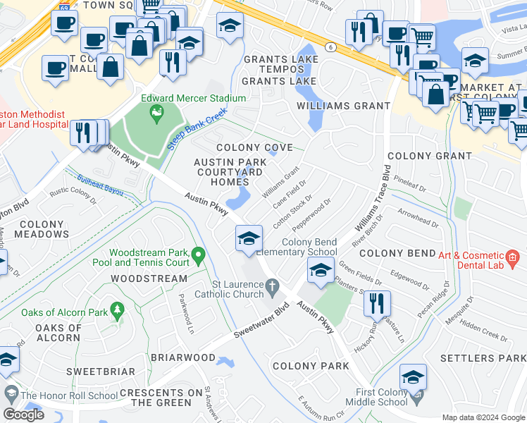 map of restaurants, bars, coffee shops, grocery stores, and more near 2910 Cane Field Drive in Sugar Land