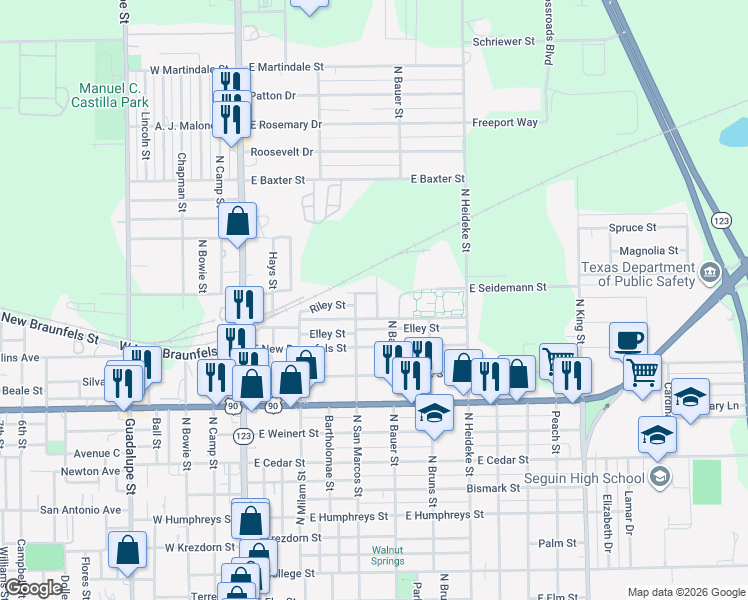 map of restaurants, bars, coffee shops, grocery stores, and more near 1555 Sunset Street in Seguin