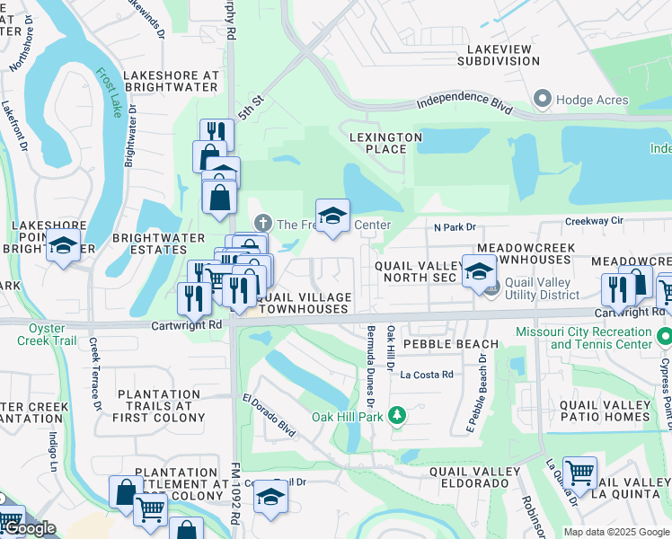 map of restaurants, bars, coffee shops, grocery stores, and more near 22 Chapparal Court in Missouri City