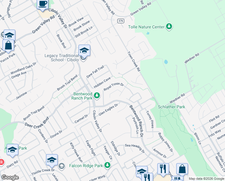 map of restaurants, bars, coffee shops, grocery stores, and more near 230 Maidstone Cove in Cibolo