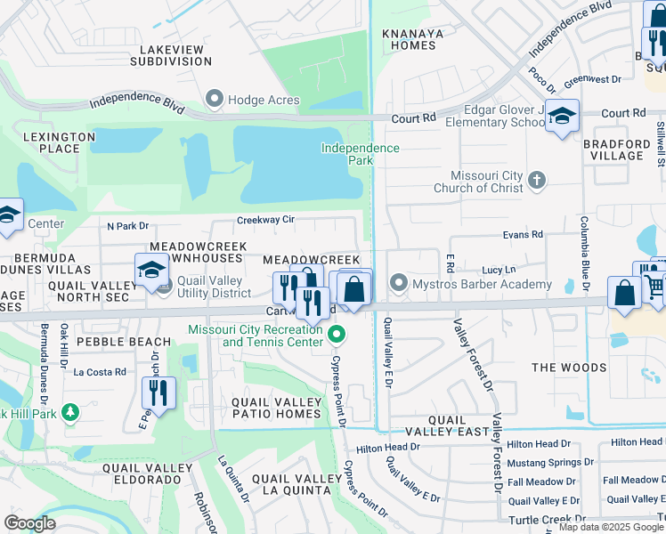 map of restaurants, bars, coffee shops, grocery stores, and more near 2407 Kenworthy Drive in Missouri City