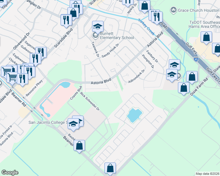 map of restaurants, bars, coffee shops, grocery stores, and more near 12135 Rhinebeck Drive in Houston