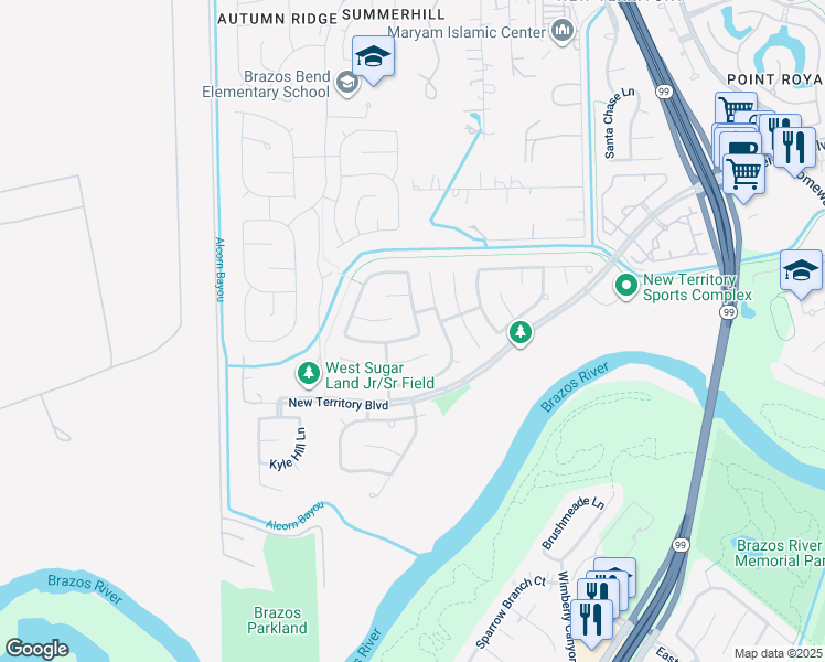 map of restaurants, bars, coffee shops, grocery stores, and more near 1218 Ivory Meadow Lane in Sugar Land