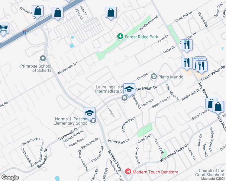 map of restaurants, bars, coffee shops, grocery stores, and more near 3629 Meade Street in Schertz