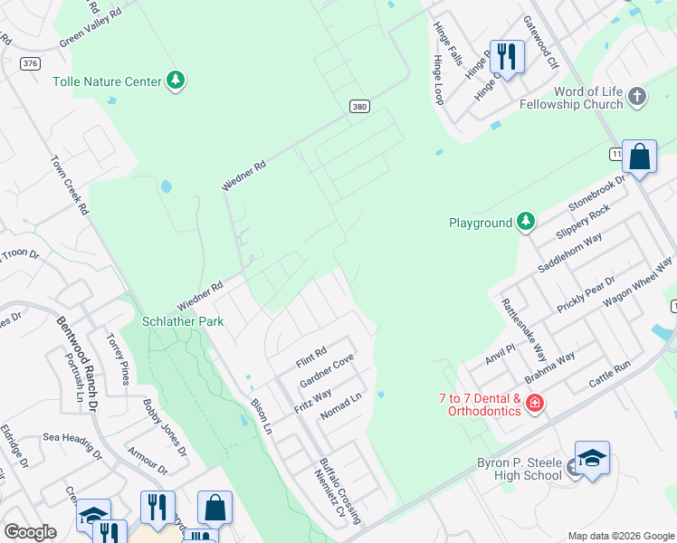 map of restaurants, bars, coffee shops, grocery stores, and more near 118 Del Monte Drive in Cibolo