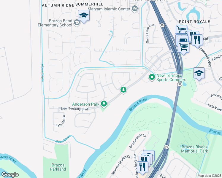 map of restaurants, bars, coffee shops, grocery stores, and more near 1219 Cambrian Park Court in Sugar Land