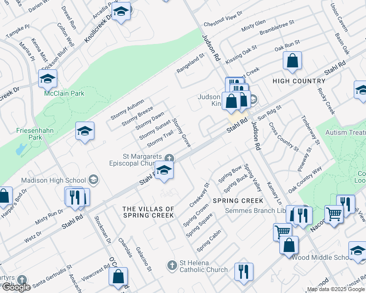 map of restaurants, bars, coffee shops, grocery stores, and more near 5330 Stormy Skies in San Antonio