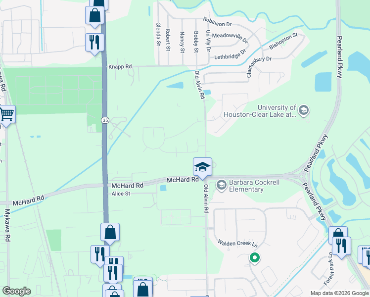 map of restaurants, bars, coffee shops, grocery stores, and more near 1415 Emerald Falls Lane in Pearland