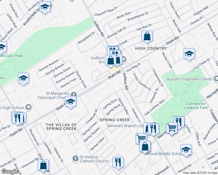 map of restaurants, bars, coffee shops, grocery stores, and more near 5554 Spring Walk in San Antonio