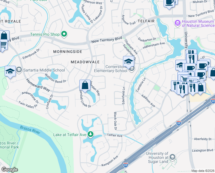 map of restaurants, bars, coffee shops, grocery stores, and more near 1902 Kenilworth Drive in Sugar Land