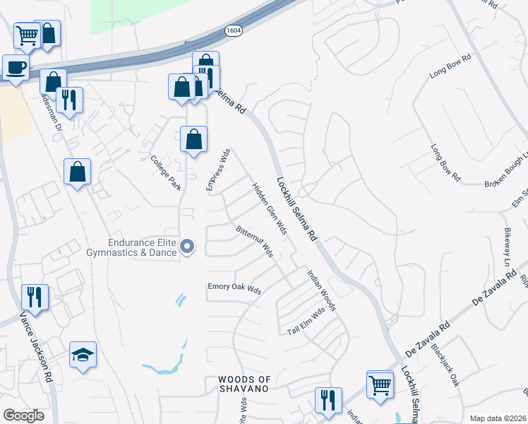 map of restaurants, bars, coffee shops, grocery stores, and more near 4206 Rustic Meadows in San Antonio